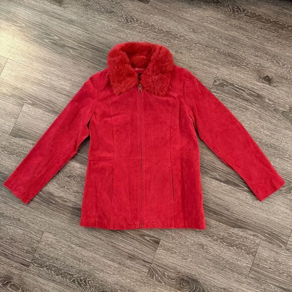 Centigrade Leather Red Faux Fur Collar Leather Zip Up Jacket - Picture 5 of 9